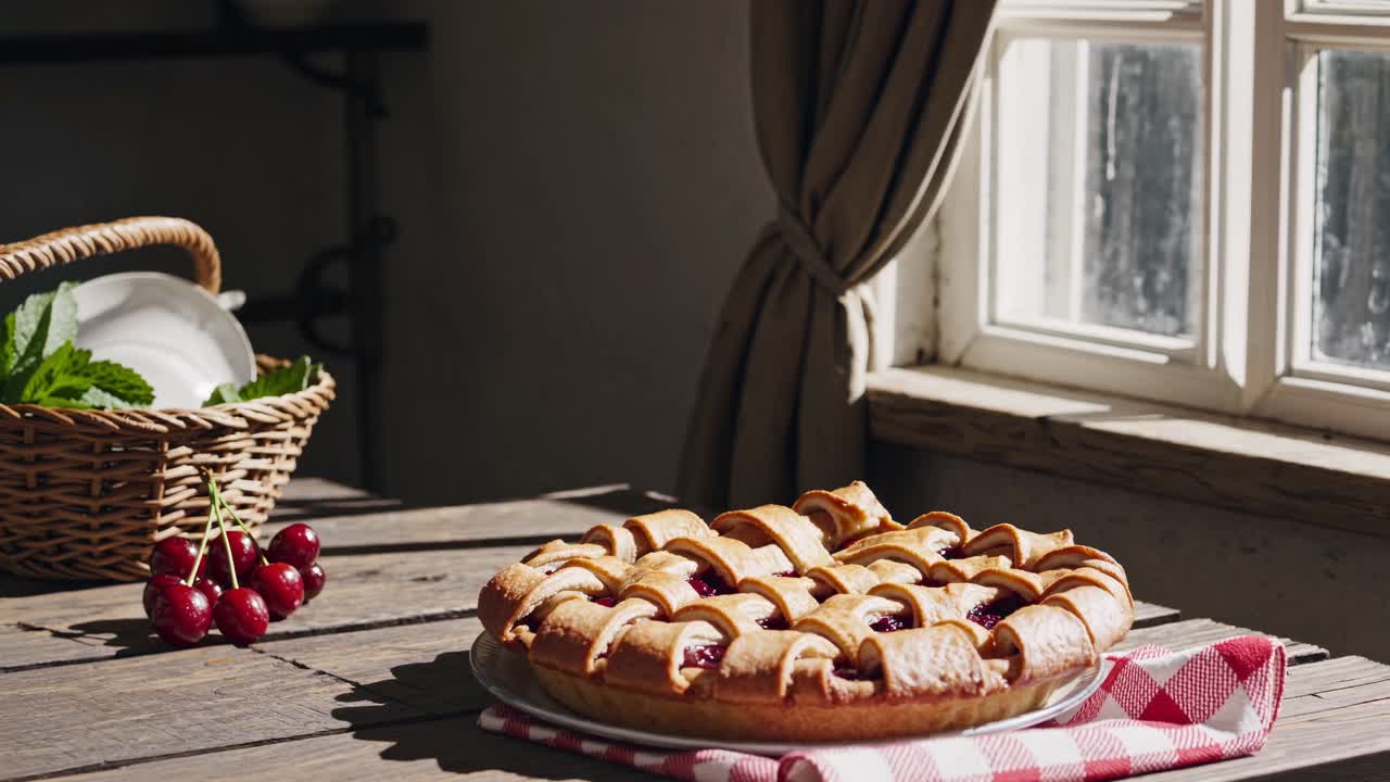 Delicious cherry pie is placed on a wooden table near a window, creating a cozy and inviting scene of freshly baked goods in a rustic setting with natural light