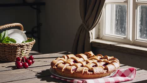 delicious cherry pie is placed on a wooden table near a window, creating a cozy and inviting scene of freshly baked goods in a rustic setting with natural light