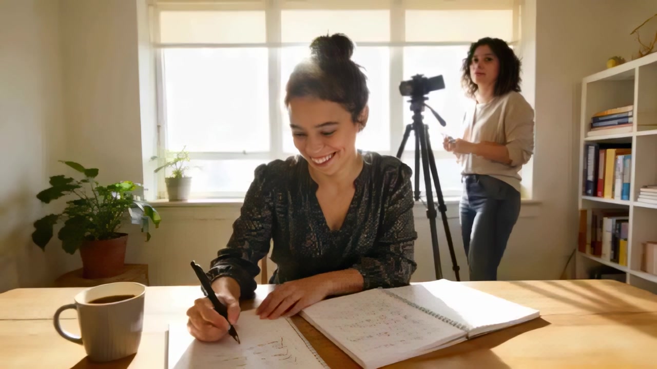 Wanita menulis mencatat di studio, rekan menyesuaikan tripod kamera yang merekam, meraih cangkir.