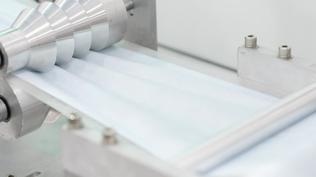 주름 기계의 릴을 통과하는 안면 마스크 직물