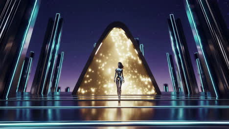 futuristic woman in glowing tunnel