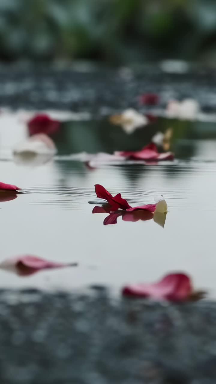 縦型動画：舗装された浅い水たまりに落ちる雨滴が波紋を広げ、花びらが揺れる。