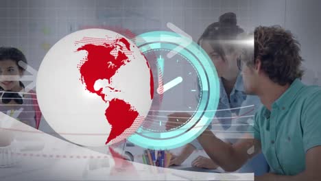animation of globe and scanner with clock processing data over diverse colleagues working in office