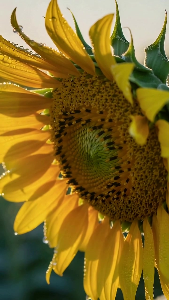 Video vertical: Cámara alejándose revelando un girasol mirando a la derecha en un jardín, mostrando el brillo del rocío.