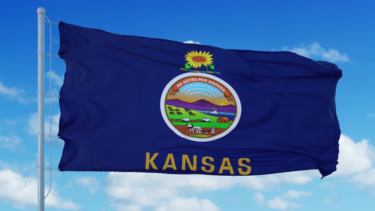 캔자스 발은 바람에 흔들리는 발 기둥에, 파란 하늘 배경.