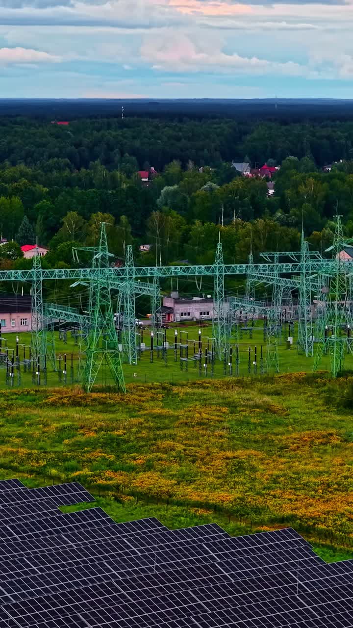 Aerial view of the energy distribution network next to a huge solar panel park. Vertical shot