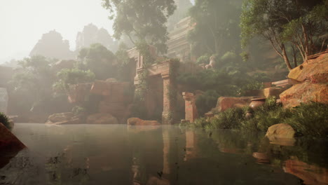 ancient ruins in a misty jungle