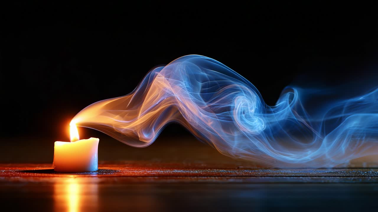A mesmerizing candle flame dances gracefully, creating ethereal wisps of blue smoke that swirl and drift in the darkness, capturing the essence of tranquility and warmth