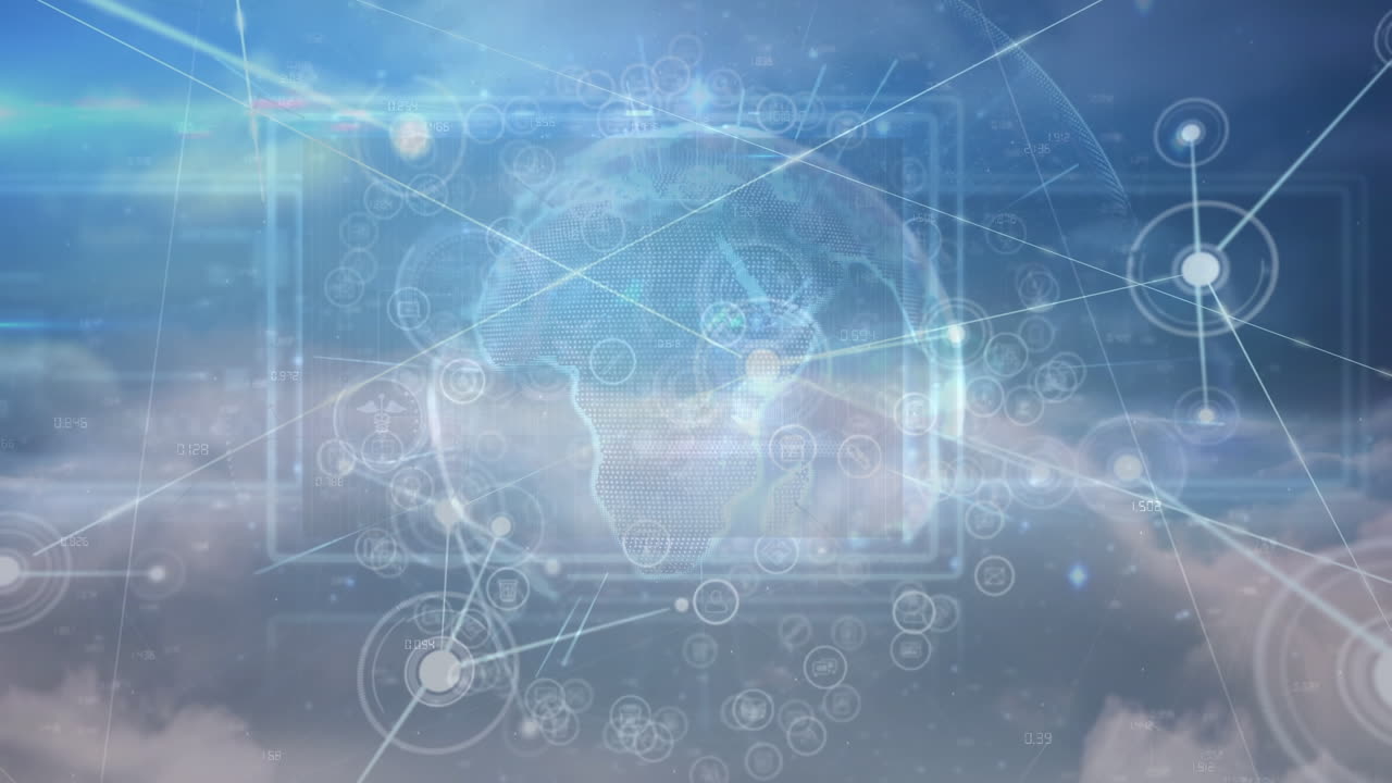 Animation von Datenverarbeitung, Globus und Verbindungsnetz über Wolken