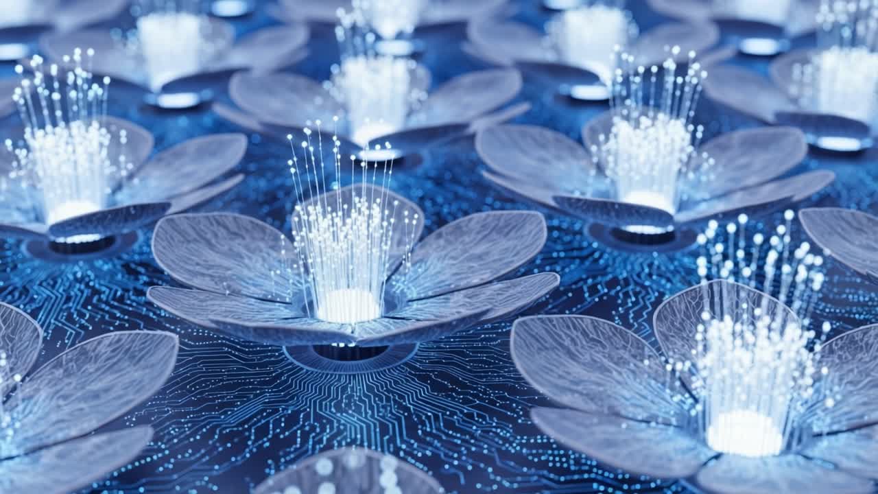 A Stunning Visual Exploration of Digital Flowers in a High-Tech Environment, Featuring Illuminated Petals and Intricate Data Patterns Capturing the Essence of Modern Technology