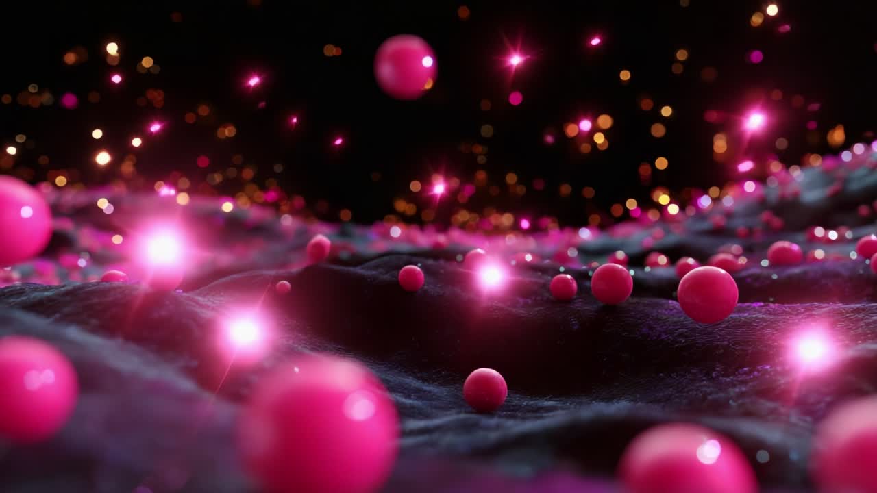 A Stunning Visual Display of Vibrant Pink Spheres and Twinkling Stars Amidst a Dark Undulating Surface Creates an Enchanting Atmosphere of Color and Light in This Mesmerizing Abstract Scene