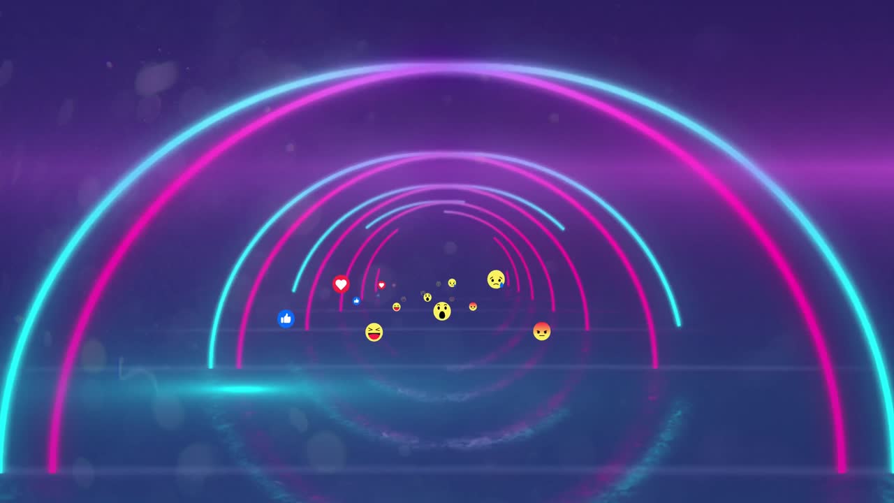 여러 얼굴 이모티콘이 파란색 배경의 반 ⁇ 이는 터널에 대해 움직이고 있습니다.