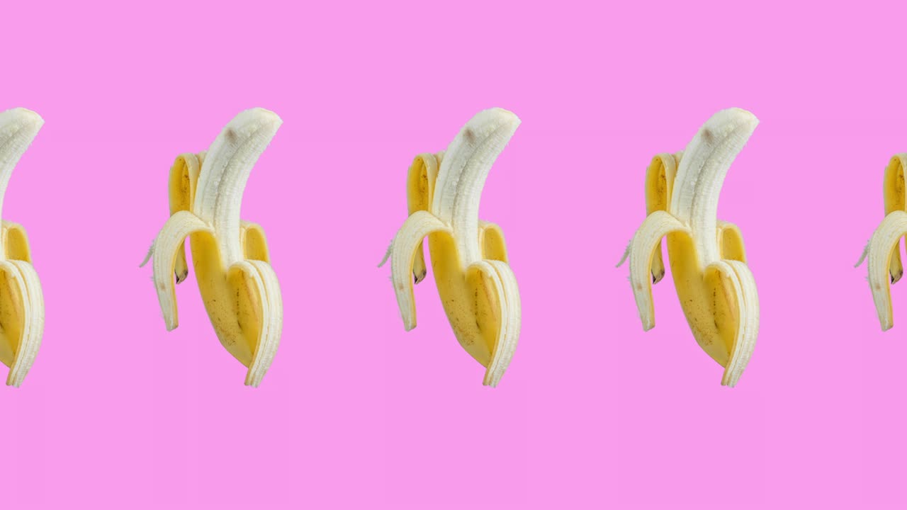 핑크색 배경에 많은 바나나 애니메이션, 현실적인 3d 열대 음식의 원활한 루핑, 최소한의 모션 디자인 예술