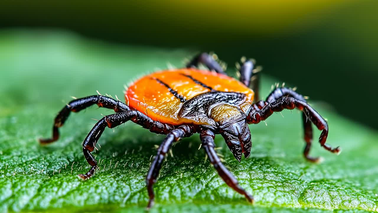 Nærbillede af en flåt på et grønt blad. En flåt med orange og sorte aftegninger kravler på et grønt blad i dagslys.