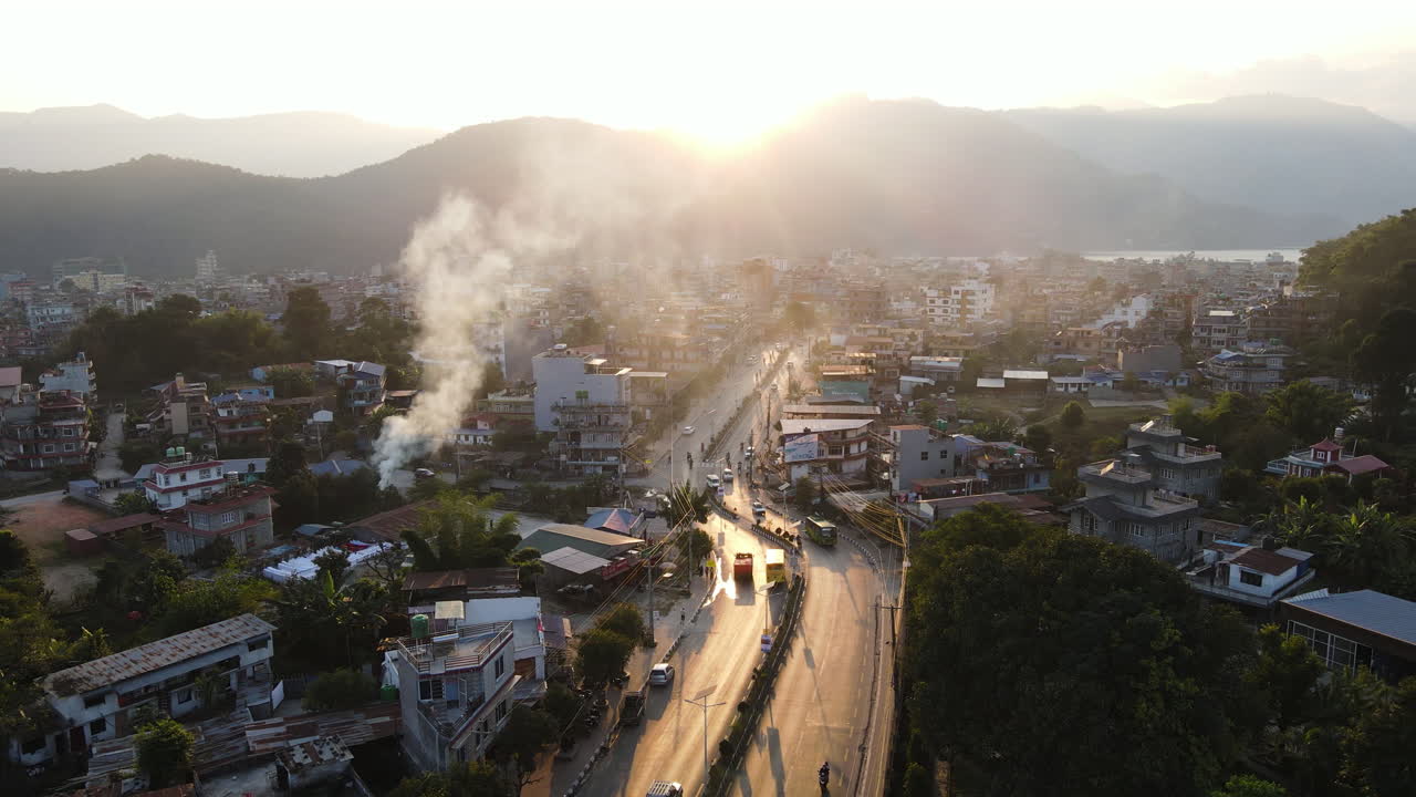 Scenic Sunset View Over Pokhara City In Gandaki Province, Central Nepal. Aerial Drone Shot