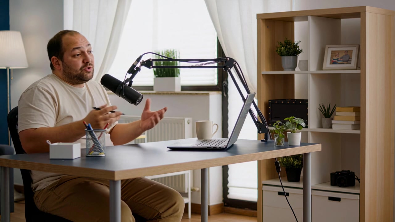 Vært optager i beige T-shirt, taler ind i en bommikrofon, bærbar computer på hjemmekontoret, rækker ud efter en penneholder