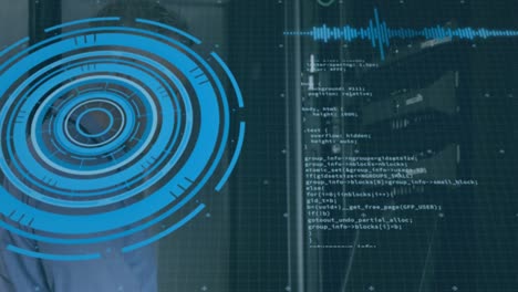 Animation of scope scanning and data processing over caucasian male it technician by computer server