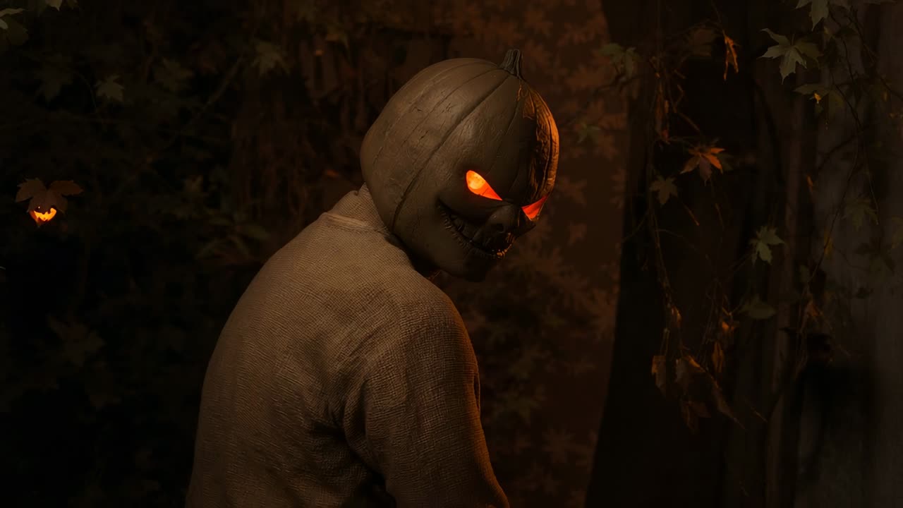 Figure wearing burlap shirt pumpkin mask turning head right in night clearing, lantern flickering