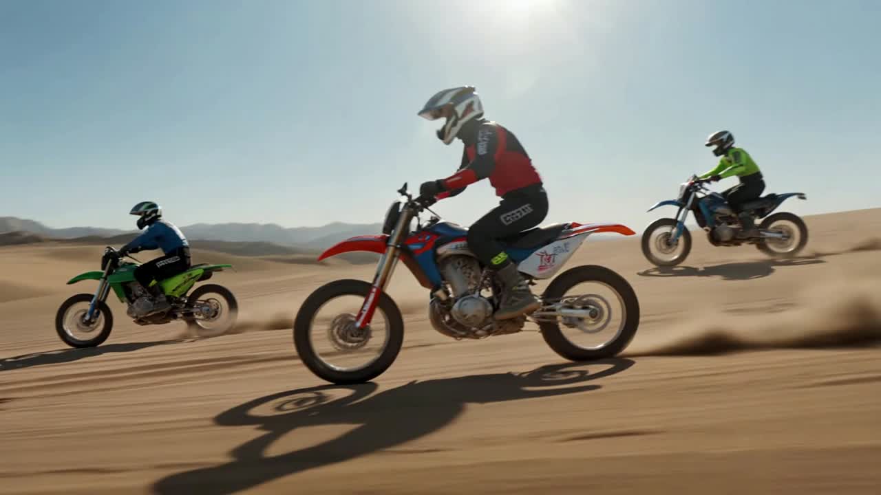 晴れた砂漠の砂丘を駆け抜けるダートバイクライダーの集団。