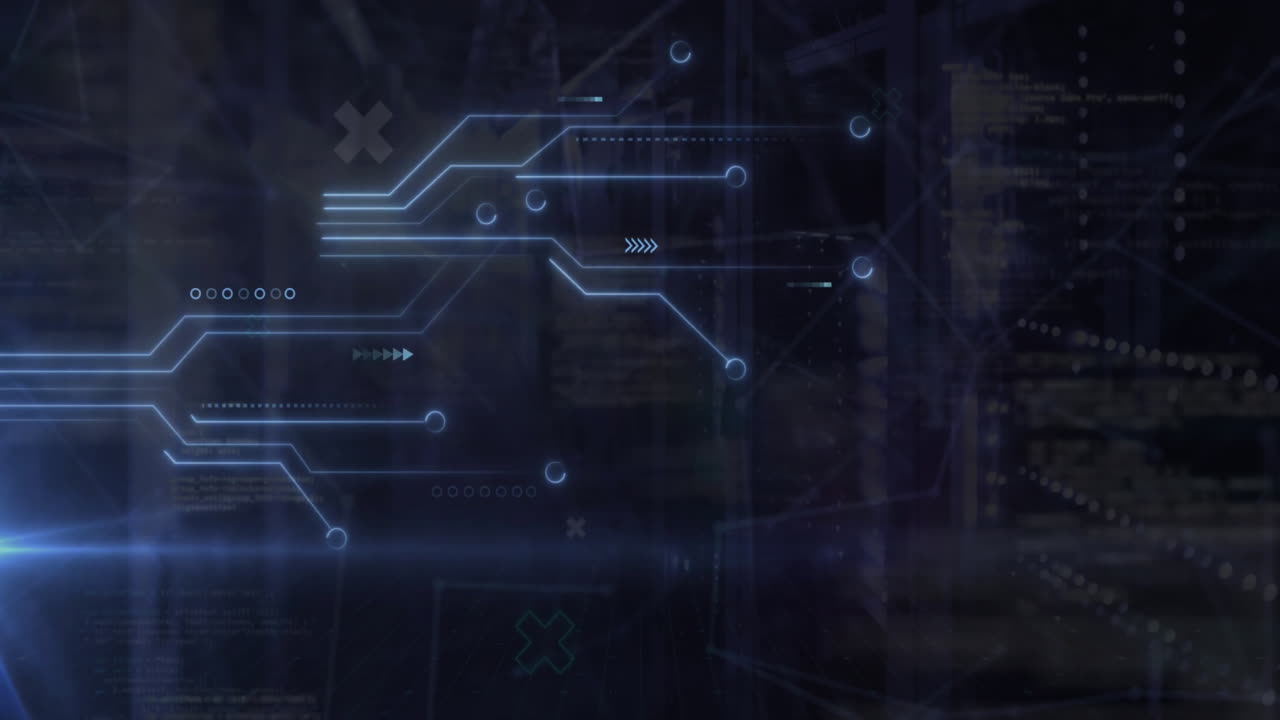 Animation of network of connections and diagrams over server room