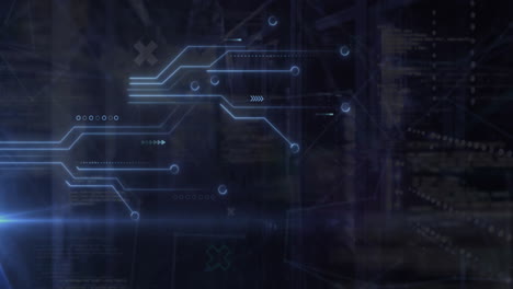 animation of network of connections and diagrams over server room