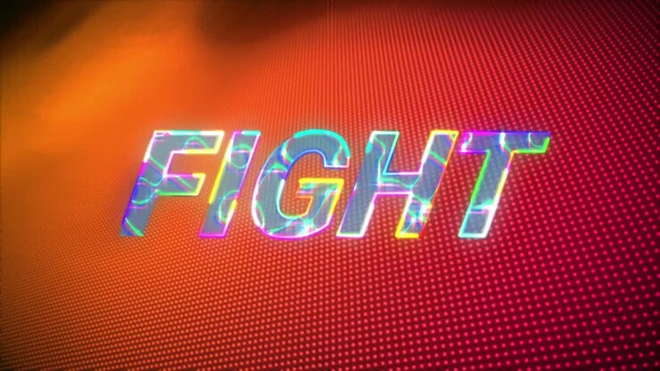 Animazione di testo "fight" luminoso su sfondo arancione e rosa