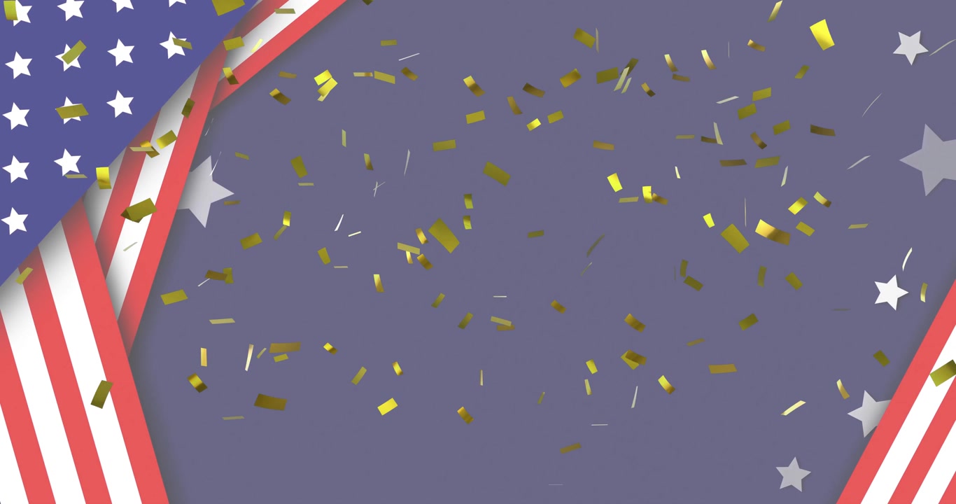 Star initiating flag panels, star shapes sliding and gold confetti cascading celebrating patriotism