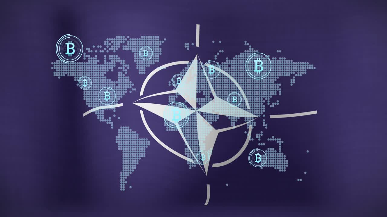 Animation af Bitcoin-symbol og verdenskort over NATO-flag