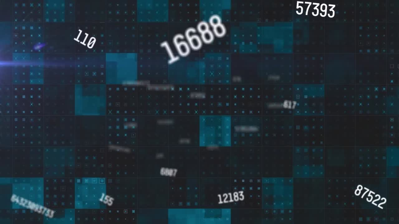 검은색 배경에 사각형 모양과 점 패턴을 통해 여러 번 변하는 숫자의 애니메이션