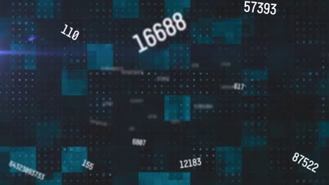 Animation of multiple changing numbers over square shapes and dot patterns against black background