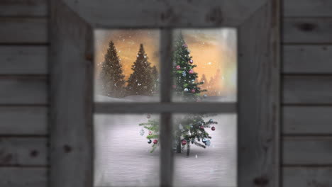 Animation of snow falling over christmas tree and winter scenery seen through window