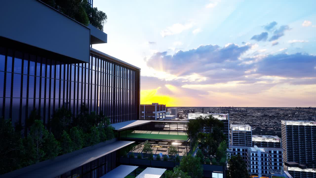 Sustainable Green Building. Eco-Friendly Building. Sustainable Glass Office Building With Tree For Reducing Carbon Dioxide. Office With Green Environment. Corporate Building Reduce Co2. Safety Glass