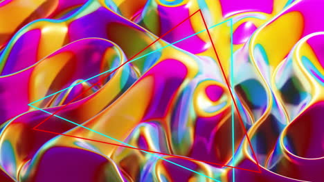 fluid surface warping in neon color gradients, displaying red and cyan wireframe triangles