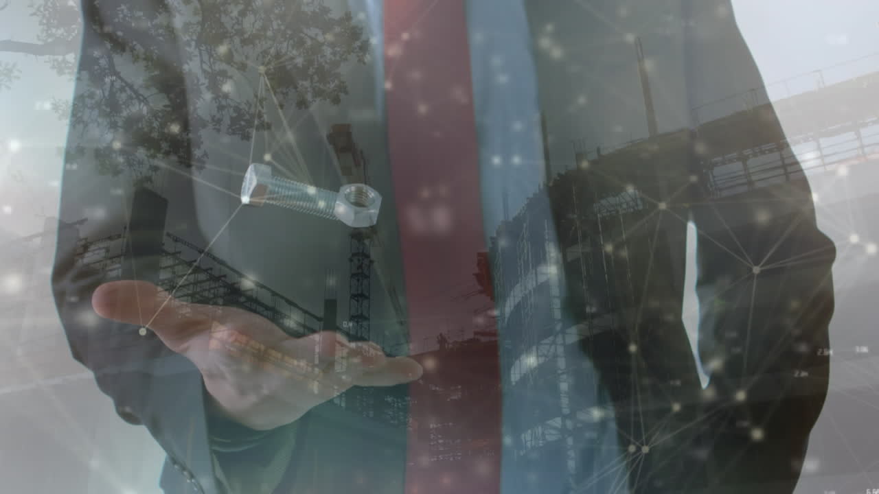 비즈니스맨이 던지고 잡는 견과류와 볼트를 통해 연결 네트워크의 애니메이션