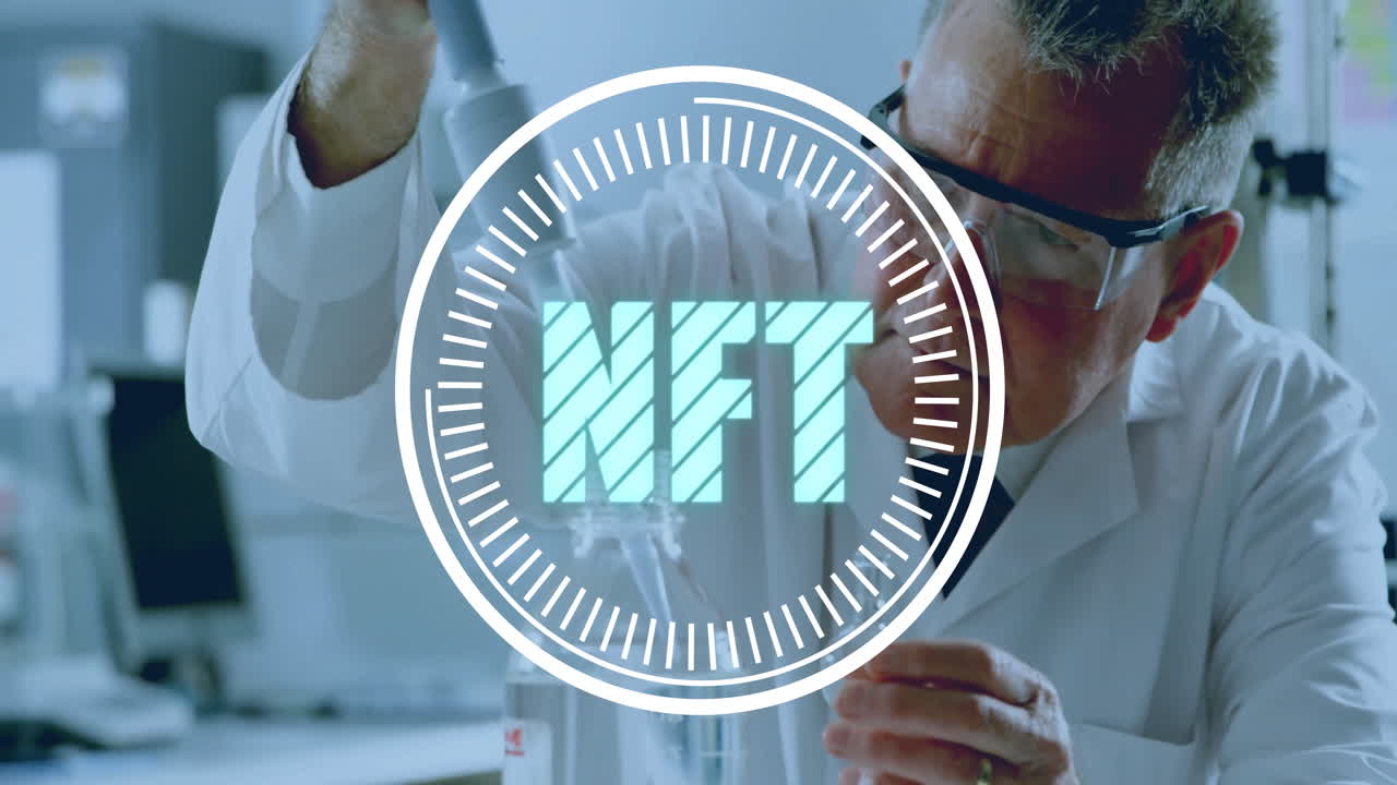 In laboratory, scientist working with NFT text animation overlay on screen