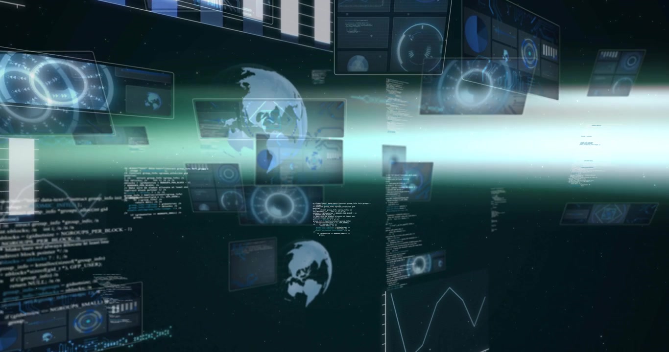 neon-green beam sweeping across dark field, highlighting sliding holographic panels displaying data