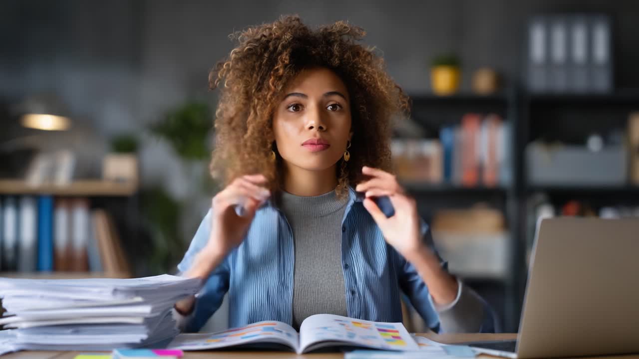 A Young Woman Reflects on Stress and Focus Amidst Papers and a Laptop, Capturing the Transition from Frustration to Calmness in a Work Environment