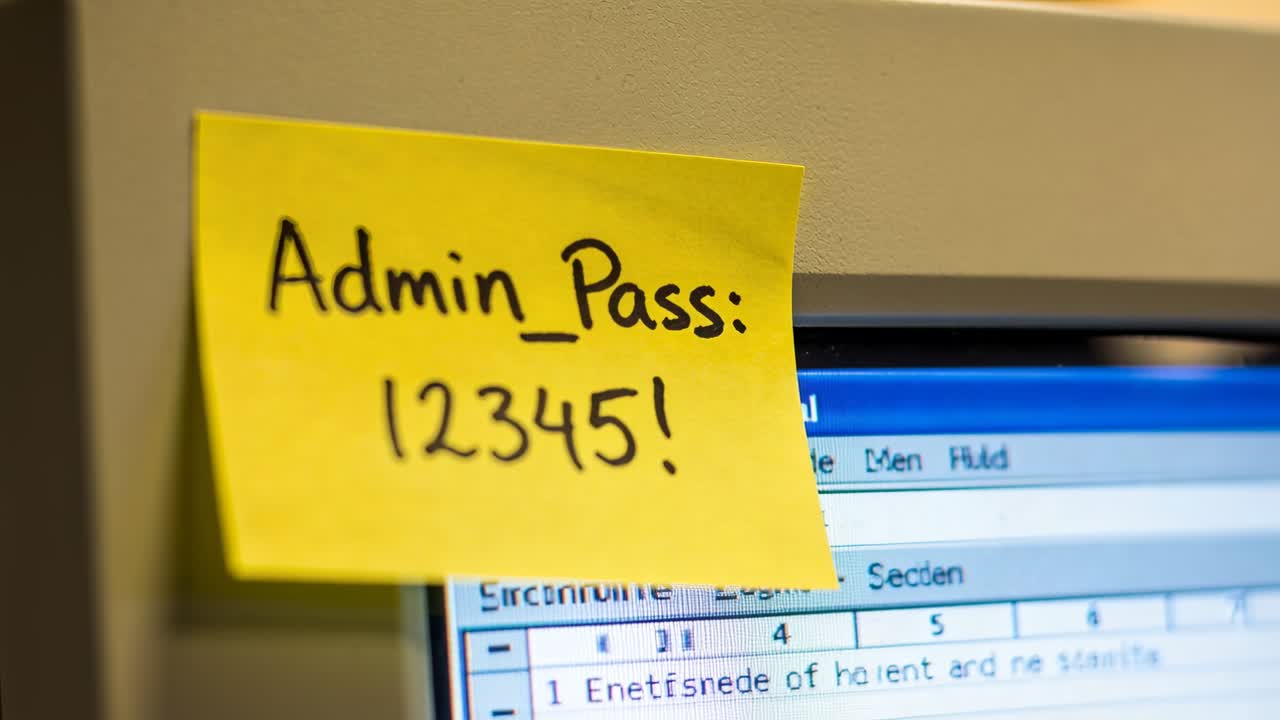 Zooming camera showing yellow note with Admin_Pass: 12345! on beige monitor at desk for clarity