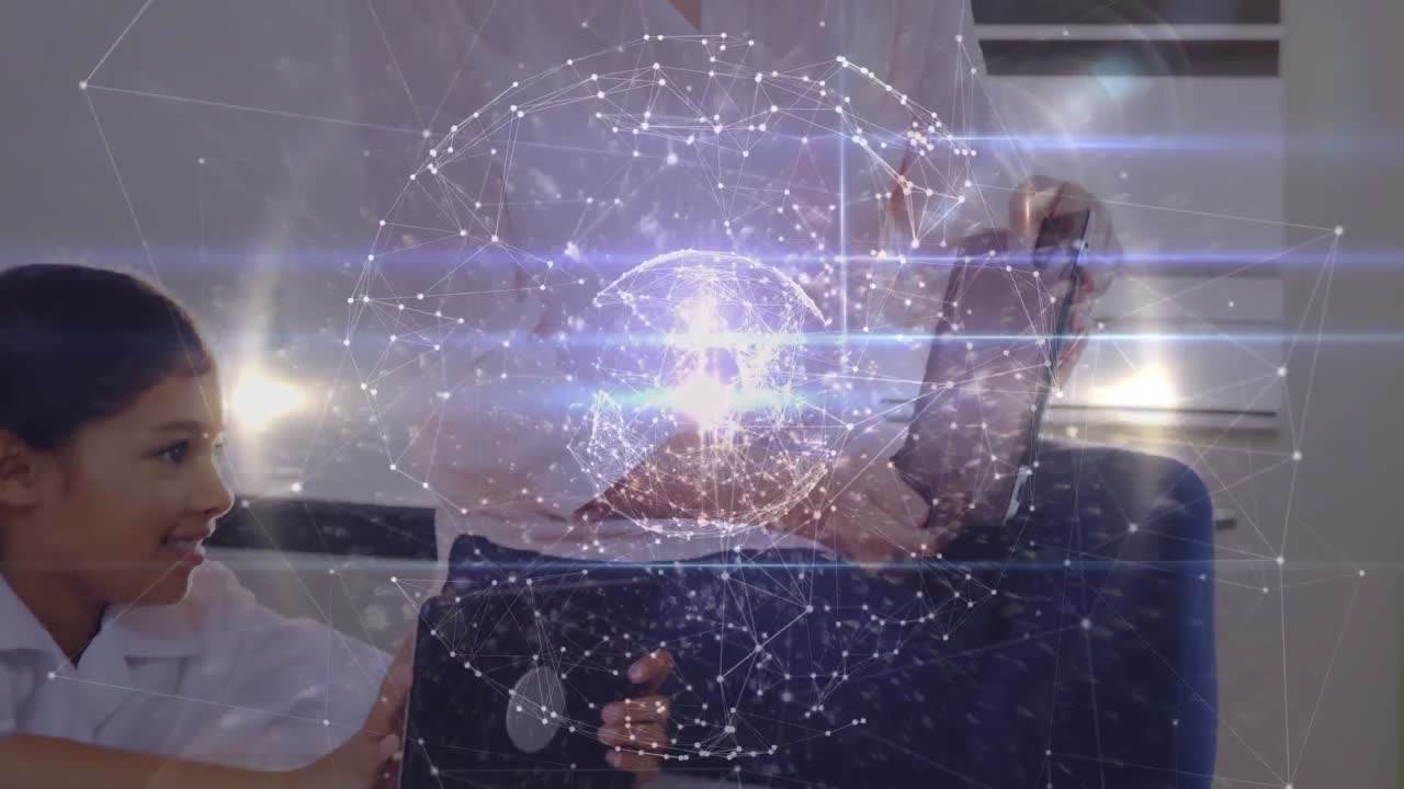 globo de red de conexiones sobre el maestro y la niña usando tableta digital en la escuela primaria