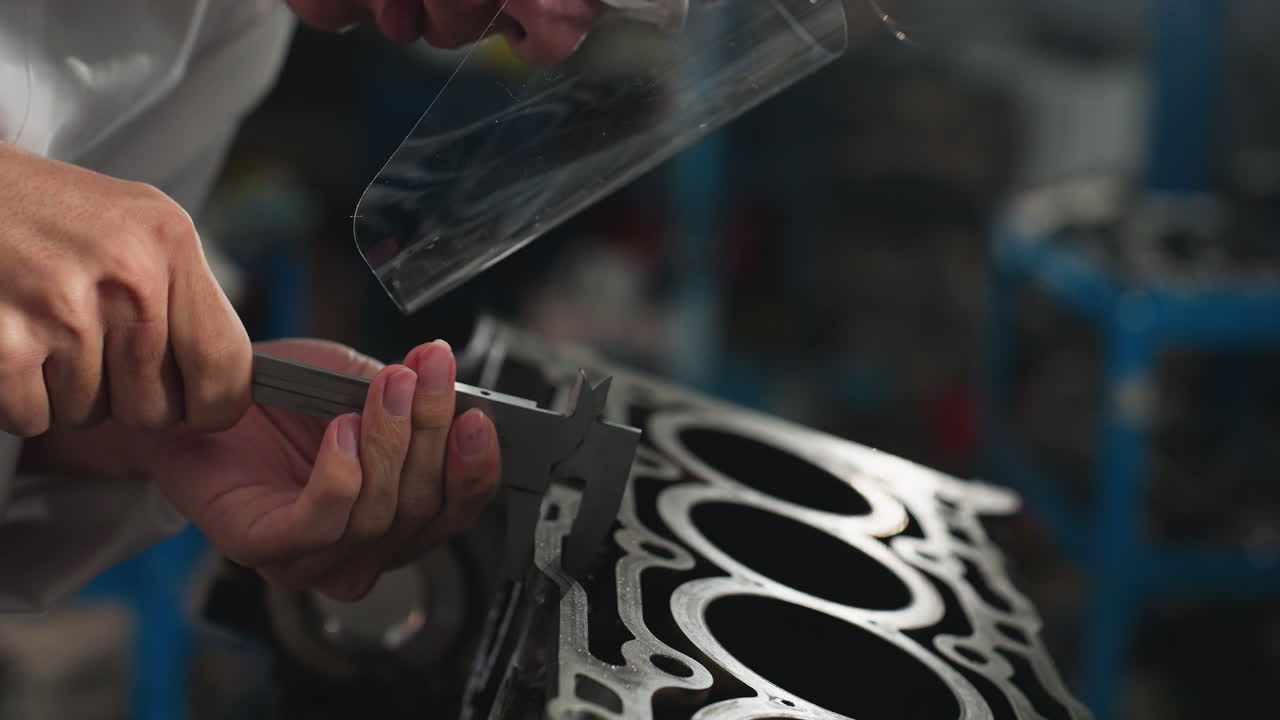 ingeniero en taller mecánico que utiliza una pinza de vernier para medir las dimensiones del motor mientras usa gafas de protección, medición de precisión práctica en el espacio de trabajo industrial