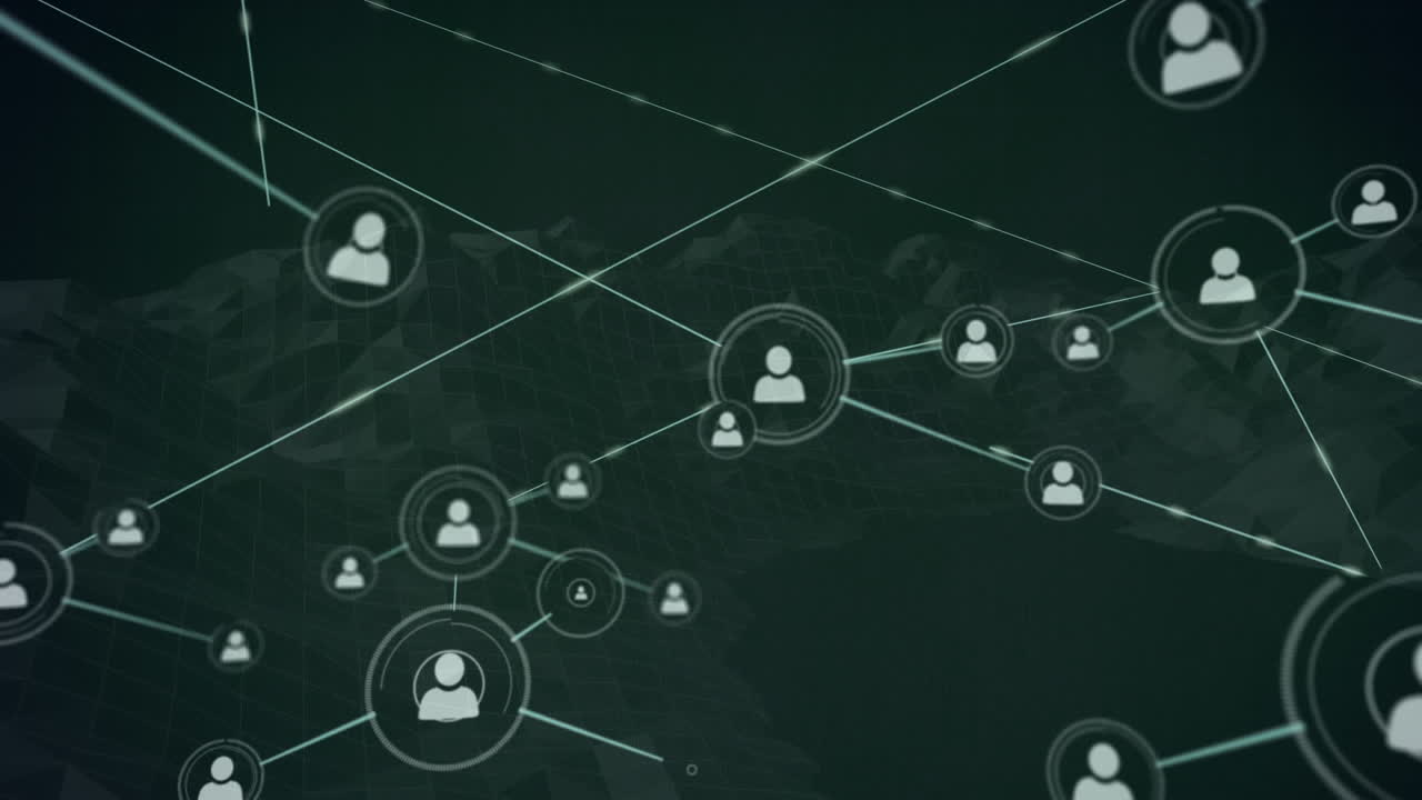 Animation of networks of connections with people icons over spinning mountains