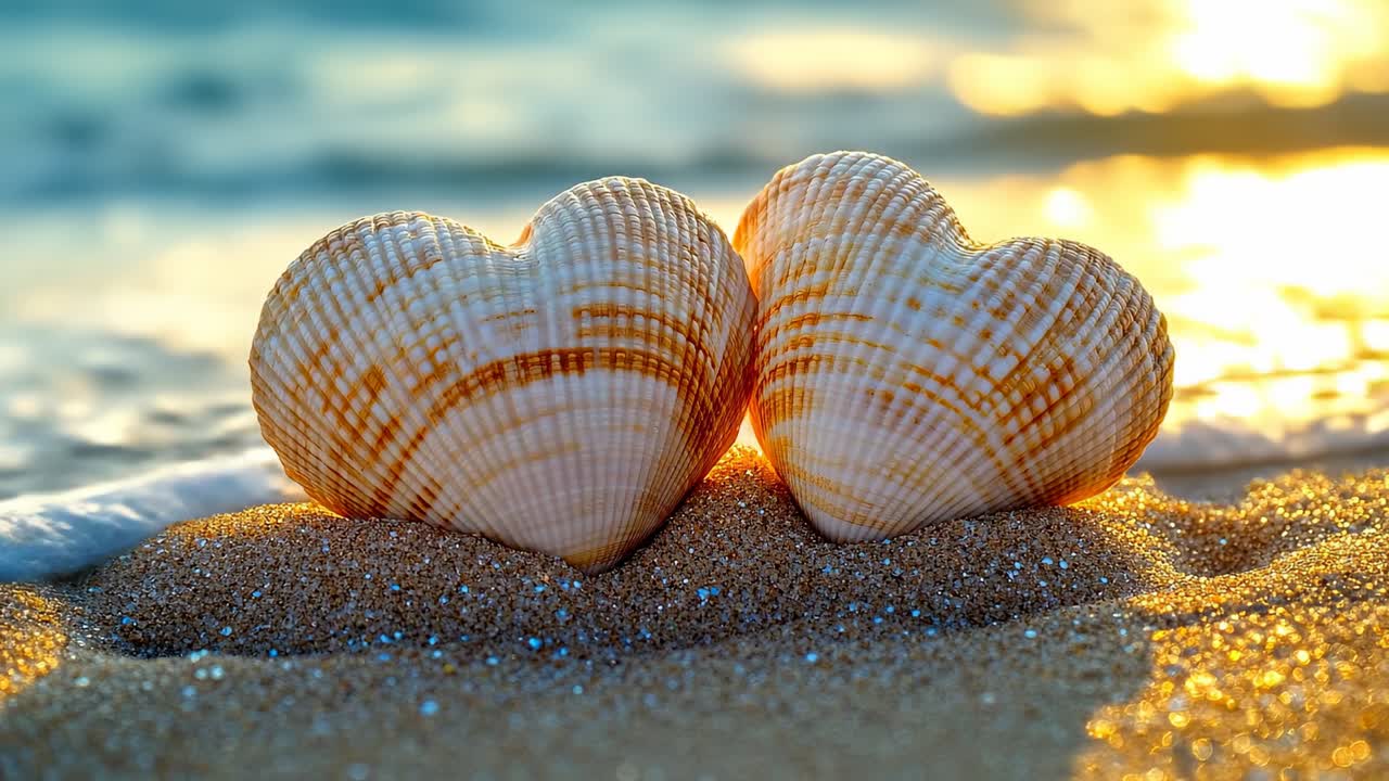 Heart-shaped shells on the sand. Two shells shaped like hearts sit together on the sandy beach as waves crash in the background during sunset