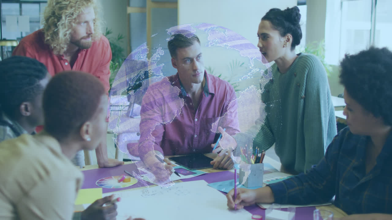 Animation of globe over diverse business people in office