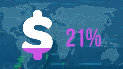 animación del signo de dólar con 0-79 por ciento de conteo sobre gráficos digitales y mapa