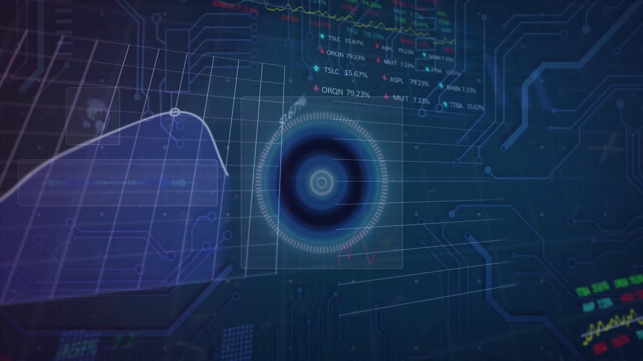 Animation of stock market data processing over round scanner and microprocessor connections