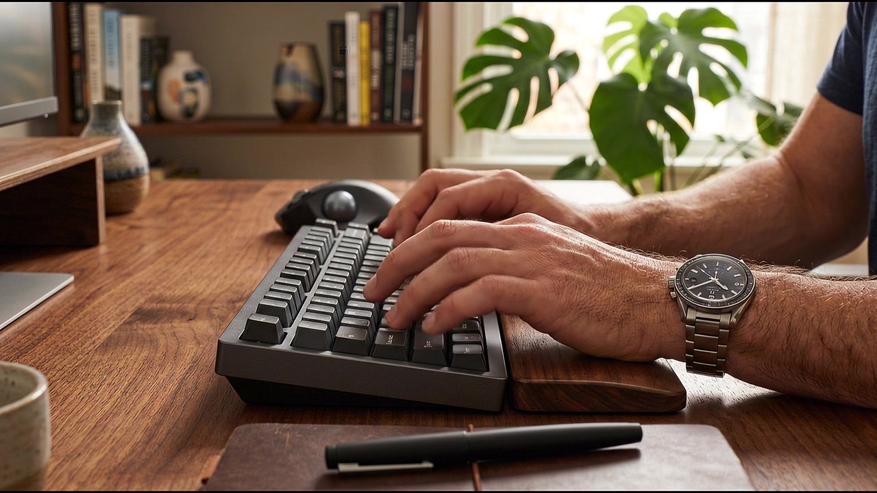 Mani che operano tastiera e apparecchiature informatiche in un moderno ambiente d'ufficio
