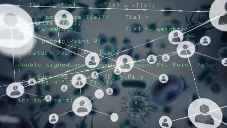 Network of profile icons and data processing against covid-19 cell and blood vessels