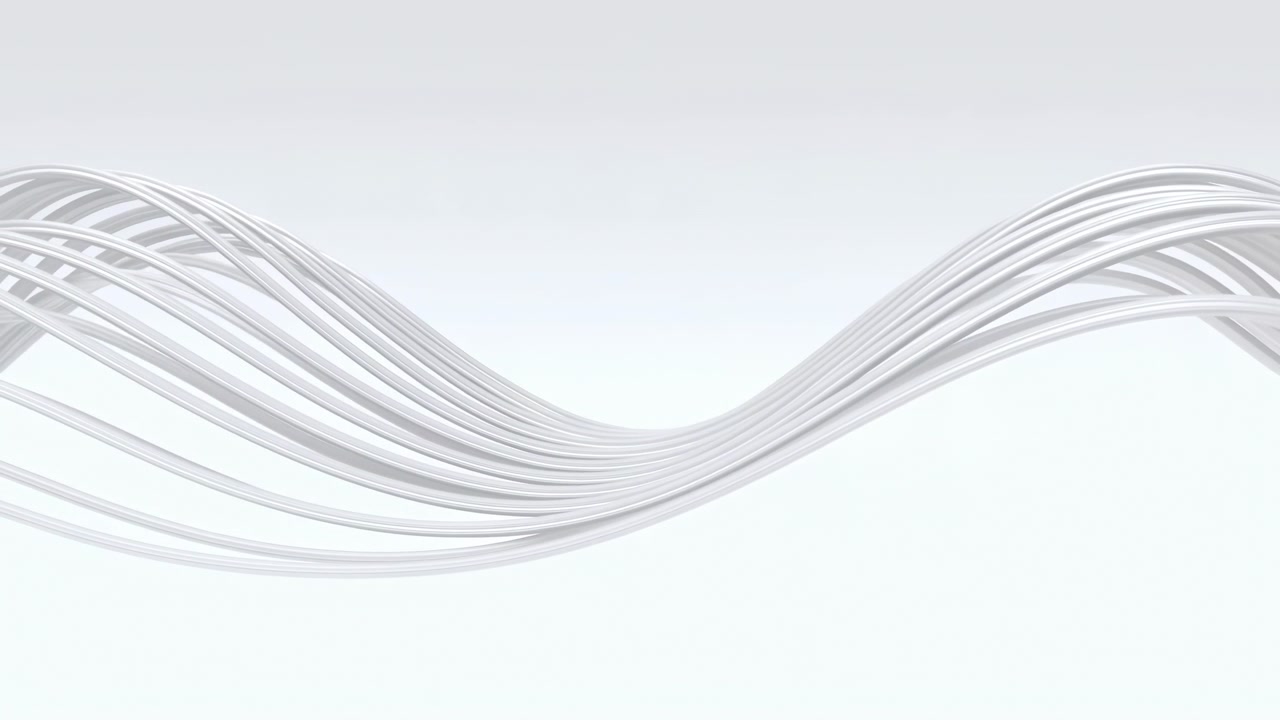 Morbide linee ondulate argentate su sfondo bianco che trasmettono un movimento moderno e calmo, flusso di nastri traslucidi a strati