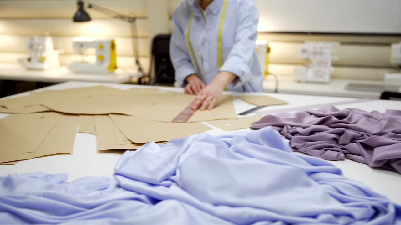 워크의 책상 위에 서 있는 롤러와 함께 종이 바느질 패턴을 측정하는 인식할 수 없는 여성 바느질의 손의 전면 을 확대합니다.