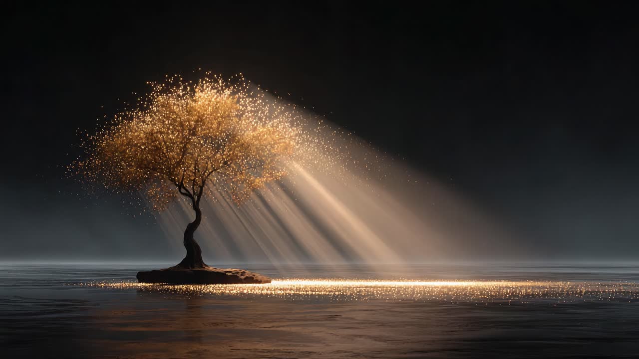 A Serene Golden Tree Surrounded by a Mysterious Mist, Bathed in Magical Light Rays Reflecting on Water, Creating a Tranquil and Enchanting Atmosphere